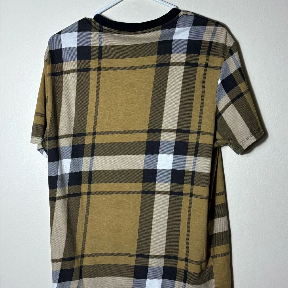 GUESS Plaid Logo T-Shirt M Brown Black White Short Sleeve Embroidered - Picture 5 of 5